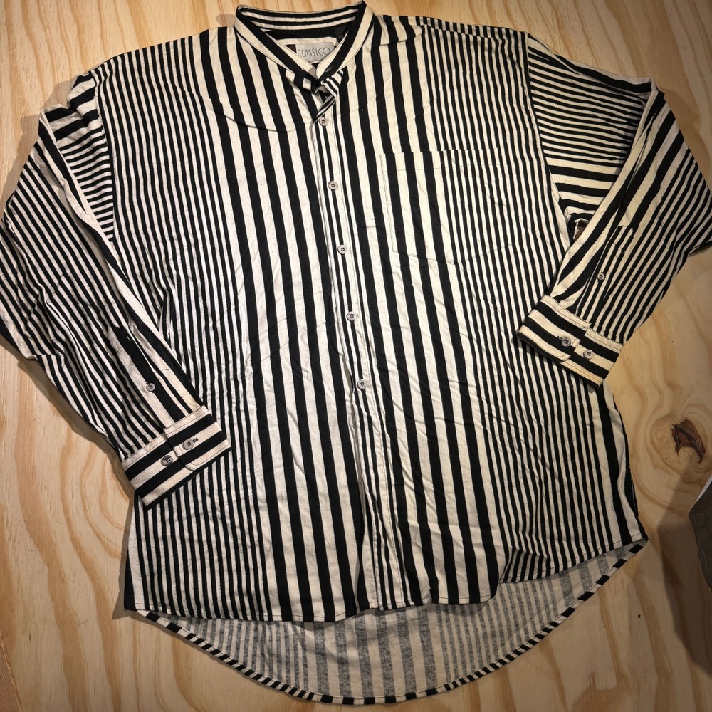 Classico Mens Striped Mandarin Collarless Button Down Shirt Black White Cotton